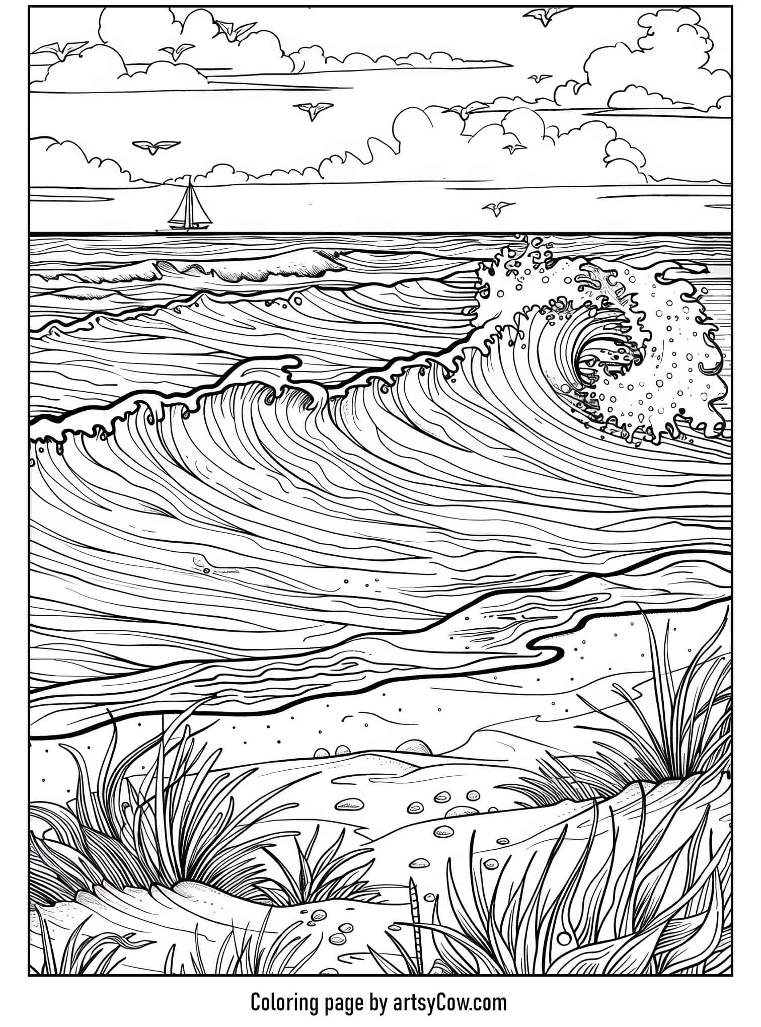 a detailed ocean wave pattern with a distant sailboat under a cloudy sky